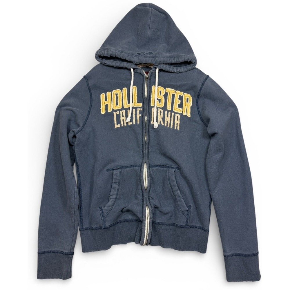Vintage Y2k Hollister Hoodie Mens XL Navy Blue Embroidered Heavyweight Full Zip
